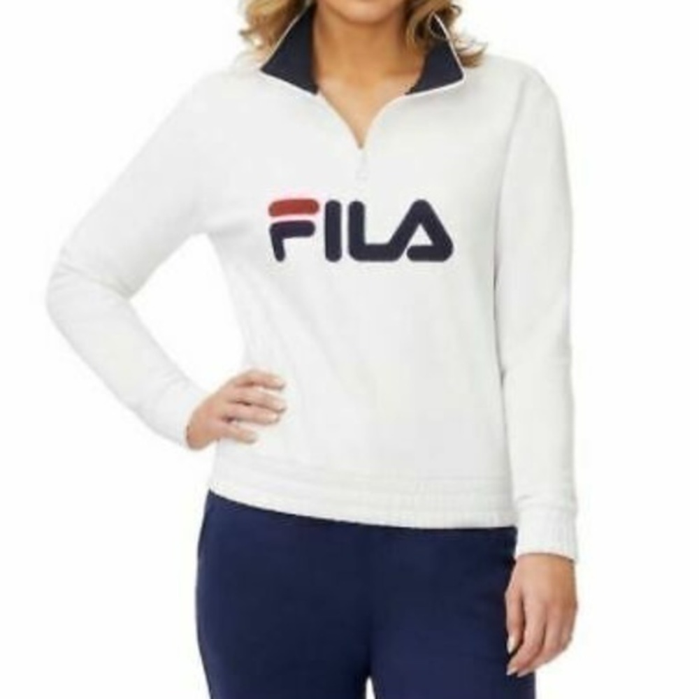 NWT FILA 1/4 Zip Sweatshirt White Blue Red Logo Fleece Lined Elastic Bottom S